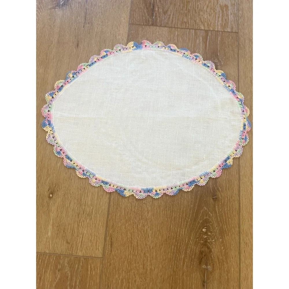 Vintage Linen Doilies Set of 3 Pastel Rainbow Crochet Lace Trim Scalloped Edge